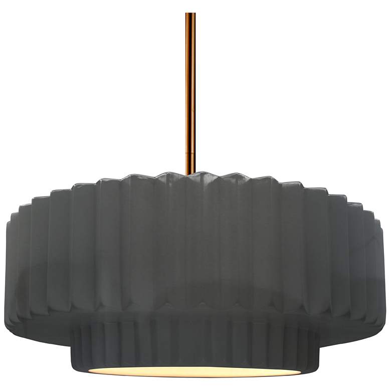 Image 1 14.5"W Grey Frame Polished Brass Tier Pleated Rigid Stem Kit Pendant