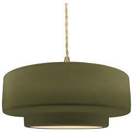 Image1 of 14.5"W Matte Green Frame Brushed Brass Tier Beige Twisted LED Pendant