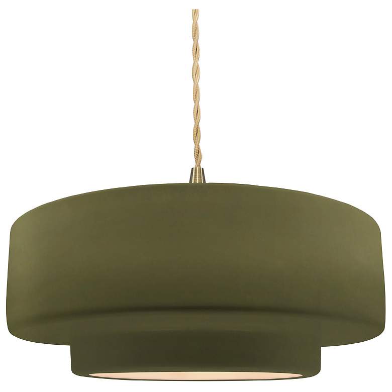 Image 1 14.5"W Matte Green Frame Brushed Brass Tier Beige Twisted LED Pendant