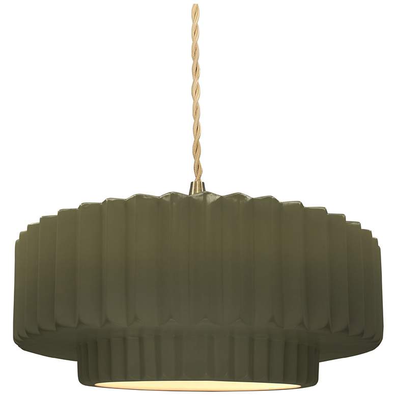 Image 1 14.5"W Matte Green Frame Brushed Brass Tier Pleated Beige Twisted Pend