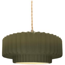 14.5"W Matte Green Frame Brushed Brass Tier Pleated Twisted LED Pendan