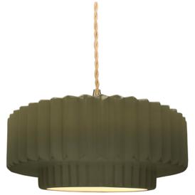 14.5"W Matte Green Frame Brushed Brass Tier Pleated Twisted LED Pendan 14.5"W Matte Green Frame Brushed Brass Tier Pleated Twisted LED Pendan