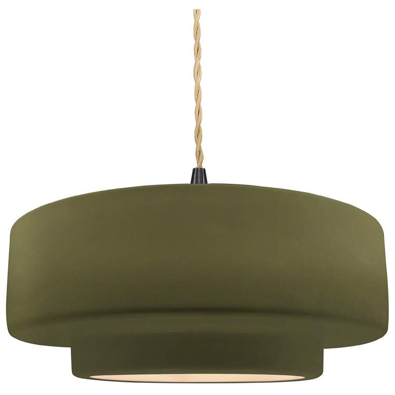 Image 1 14.5"W Matte Green Frame Matte Black Tier Beige Twisted LED Pendant
