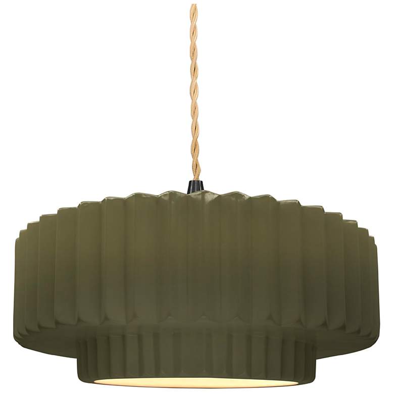 Image 1 14.5"W Matte Green Frame Matte Black Tier Pleated Beige Twisted LED Pe