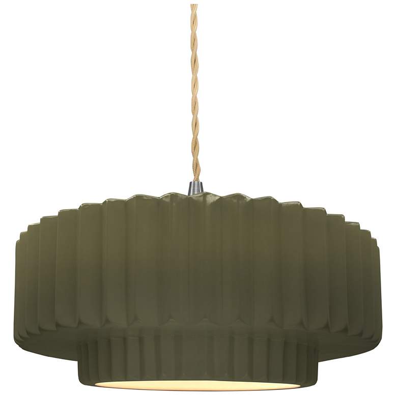 Image 1 14.5"W Matte Green Frame Nickel Tier Pleated Beige Twisted LED Pendant
