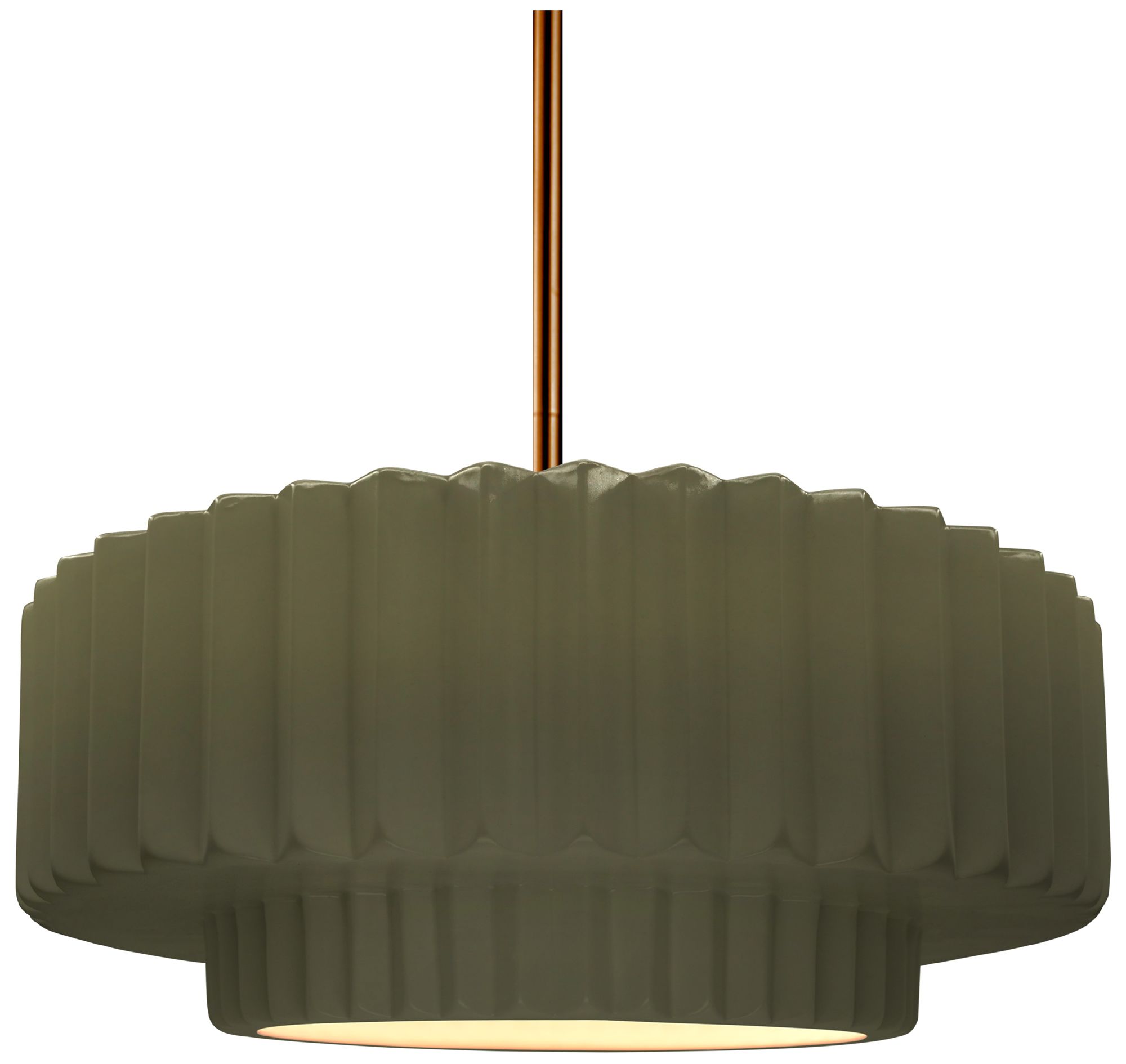 14.5"W Matte Green Frame Polished Brass Tier Pleated Stem LED Pendant