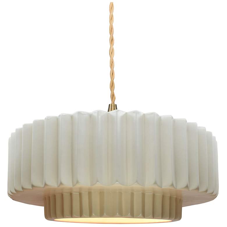Image 1 14.5"W Matte White Frame Brushed Brass Tier Pleated Beige Twisted Pend