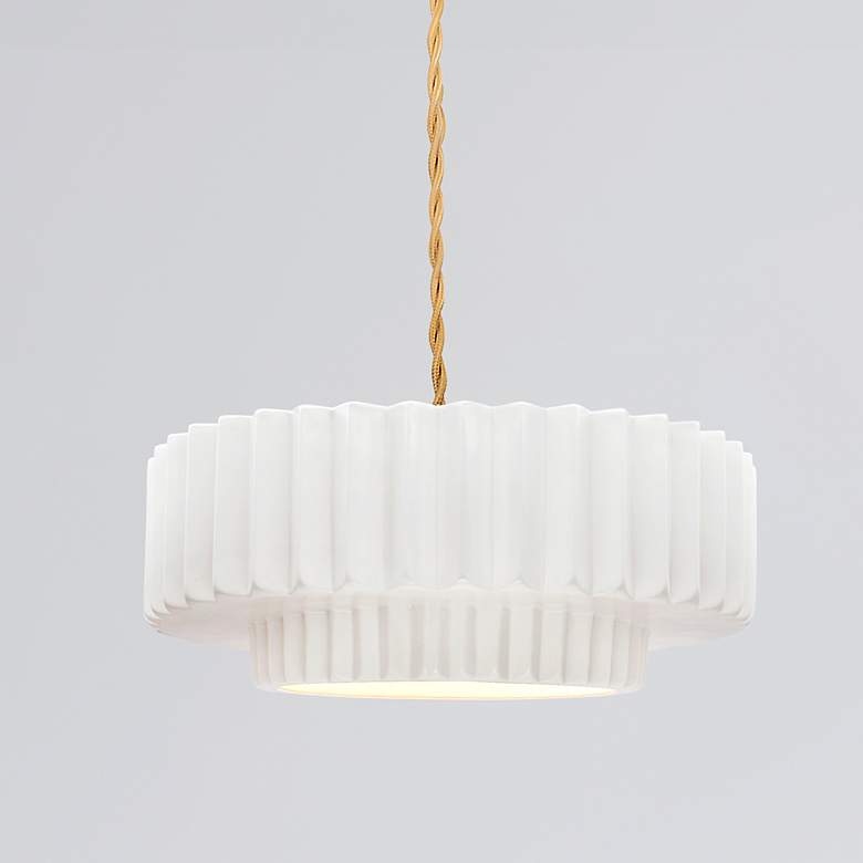 Image 1 14.5"W Matte White Frame Brushed Brass Tier Pleated Twisted LED Pendan
