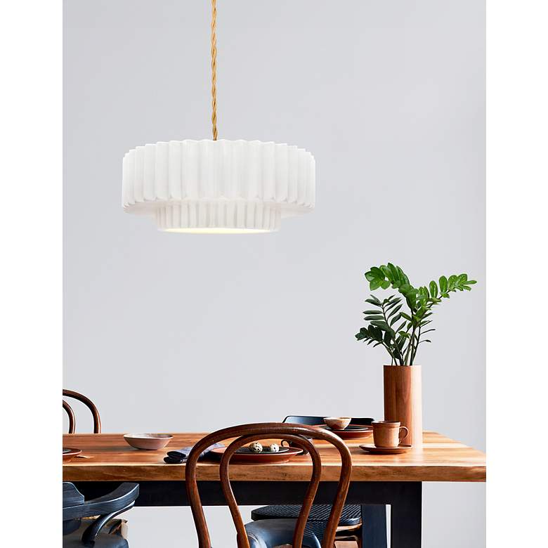 Image 4 14.5"W Matte White Frame Brushed Brass Tier Pleated Twisted LED Pendan more views
