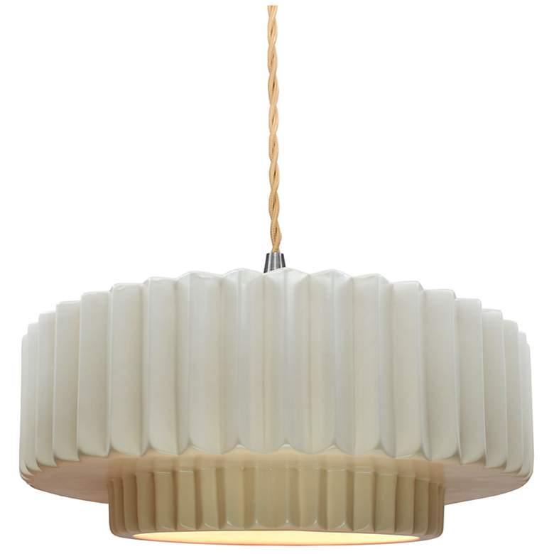Image 1 14.5"W Matte White Frame Nickel Tier Pleated Beige Twisted LED Pendant