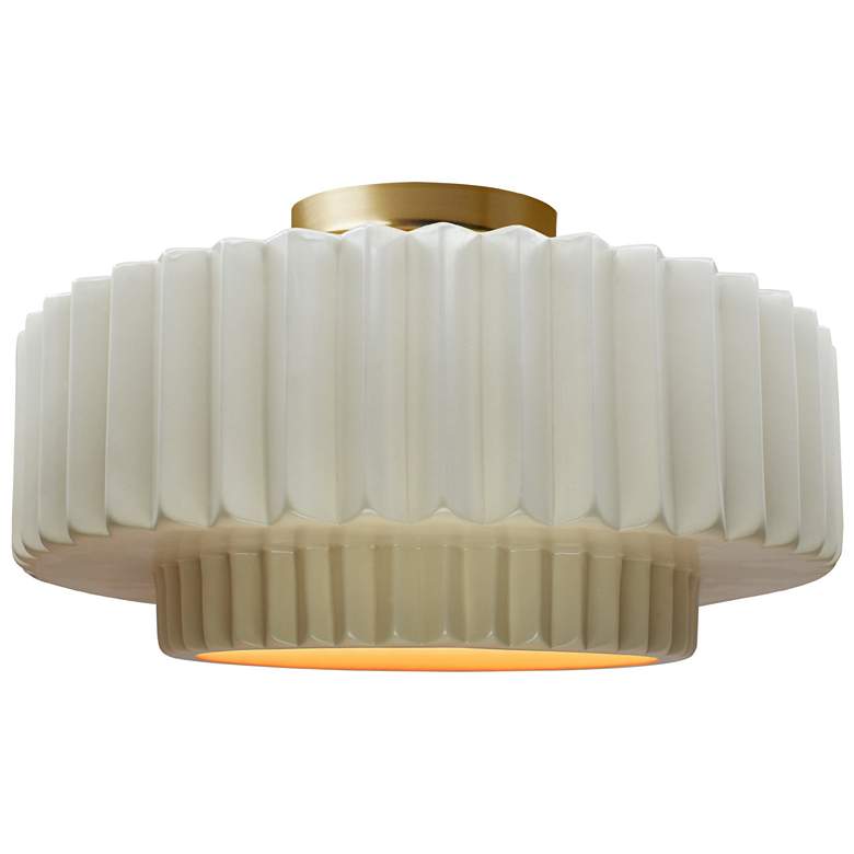 Image 1 14.5"W Matte White/Gold Frame Brushed Brass Tier Pleated LED Semi.Flus