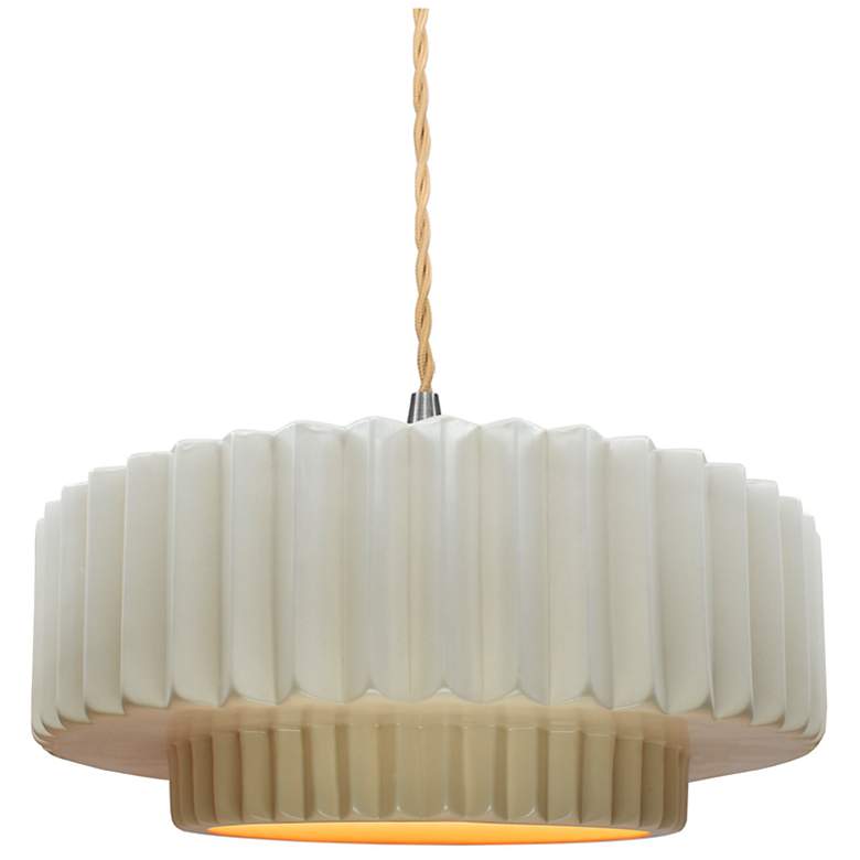 Image 1 14.5"W Matte White/Gold Frame Nickel Tier Pleated Beige Twisted Pendan