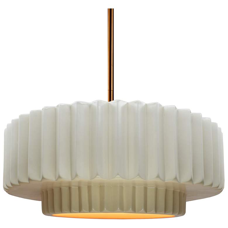 Image 1 14.5"W Matte White/Gold Frame Polished Brass Tier Pleated Stem Pendant