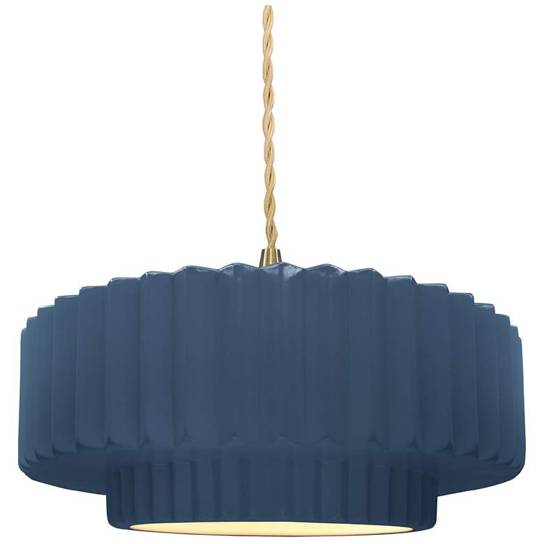Image 1 14.5"W Midnight Frame Brushed Brass Tier Pleated Beige Twisted LED Pen