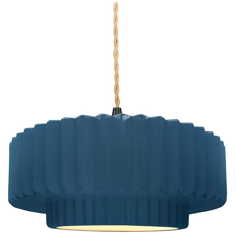 Image 1 14.5"W Midnight Frame Matte Black Tier Pleated Beige Twisted Pendant