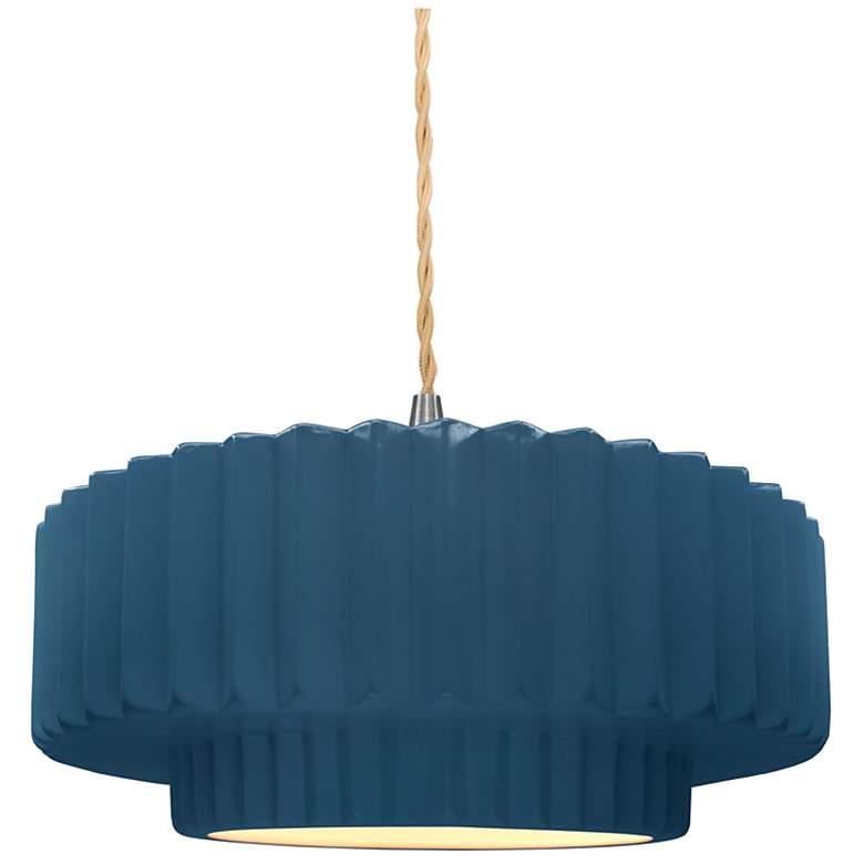 Image 1 14.5"W Midnight/White Frame Nickel Tier Pleated Beige Twisted Pendant