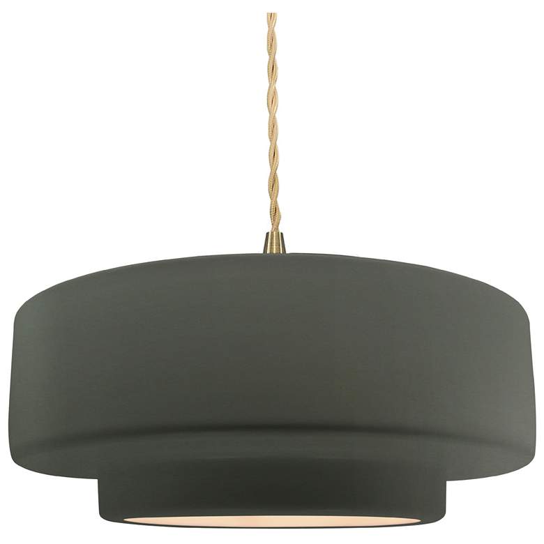 Image 1 14.5"W Pewter Green Frame Brushed Brass Tier Beige Twisted LED Pendant