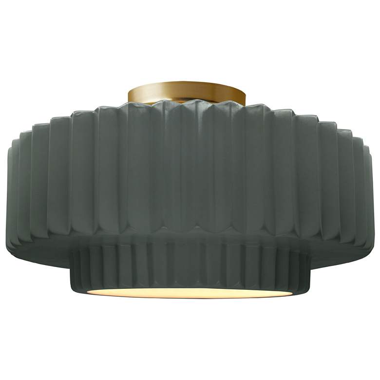 Image 1 14.5"W Pewter Green Frame Brushed Brass Tier Pleated LED Semi.Flush