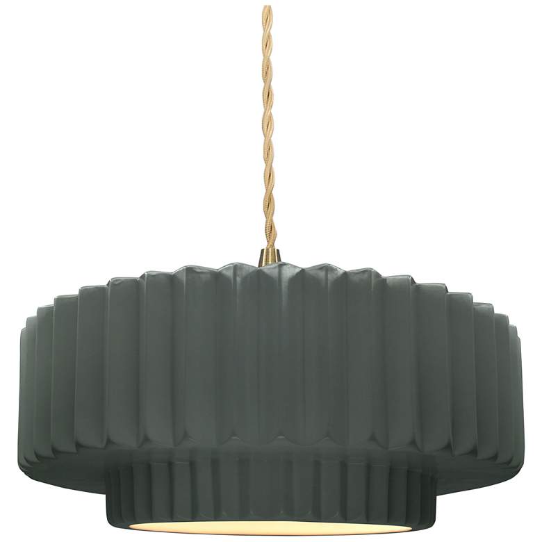 Image 1 14.5"W Pewter Green Frame Brushed Brass Tier Pleated Twisted LED Penda