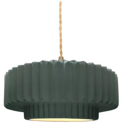 14.5"W Pewter Green Frame Brushed Brass Tier Pleated Twisted LED Penda