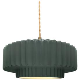 14.5"W Pewter Green Frame Brushed Brass Tier Pleated Twisted LED Penda 14.5"W Pewter Green Frame Brushed Brass Tier Pleated Twisted LED Penda