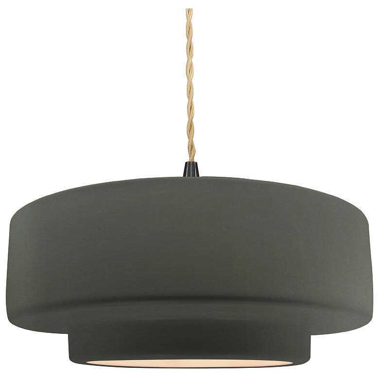 Image 1 14.5"W Pewter Green Frame Matte Black Tier Beige Twisted LED Pendant