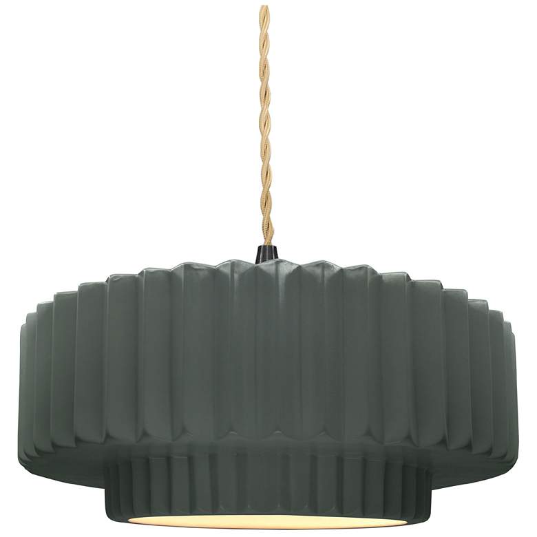 Image 1 14.5"W Pewter Green Frame Matte Black Tier Pleated Twisted LED Pendant