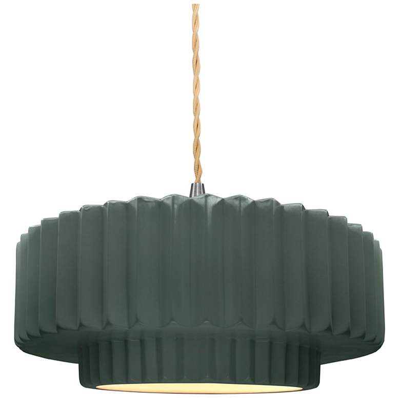 Image 1 14.5"W Pewter Green Frame Nickel Tier Pleated Beige Twisted LED Pendan