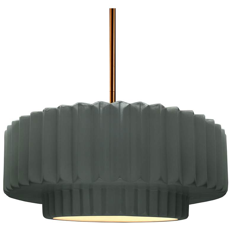 Image 1 14.5"W Pewter Green Frame Polished Brass Tier Pleated Stem Pendant
