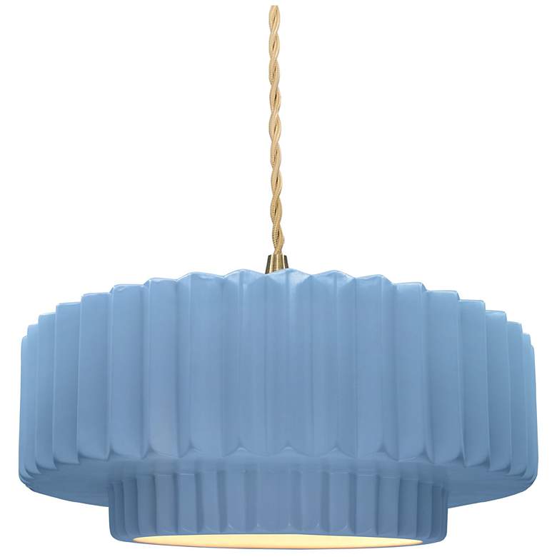 Image 1 14.5"W Sky Blue Frame Brushed Brass Tier Pleated Beige Twisted Pendant