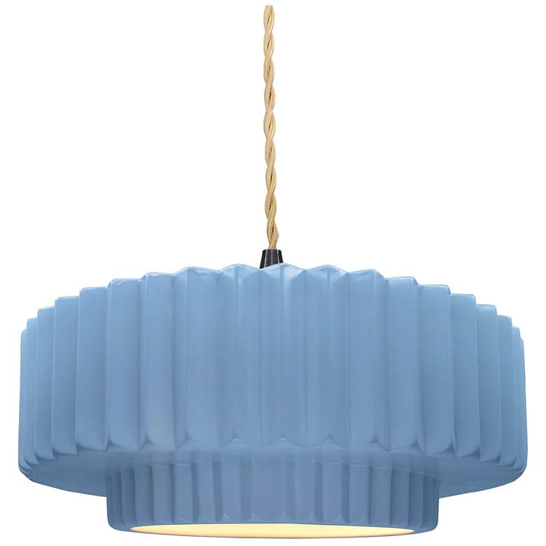 Image 1 14.5"W Sky Blue Frame Matte Black Tier Pleated Beige Twisted Pendant