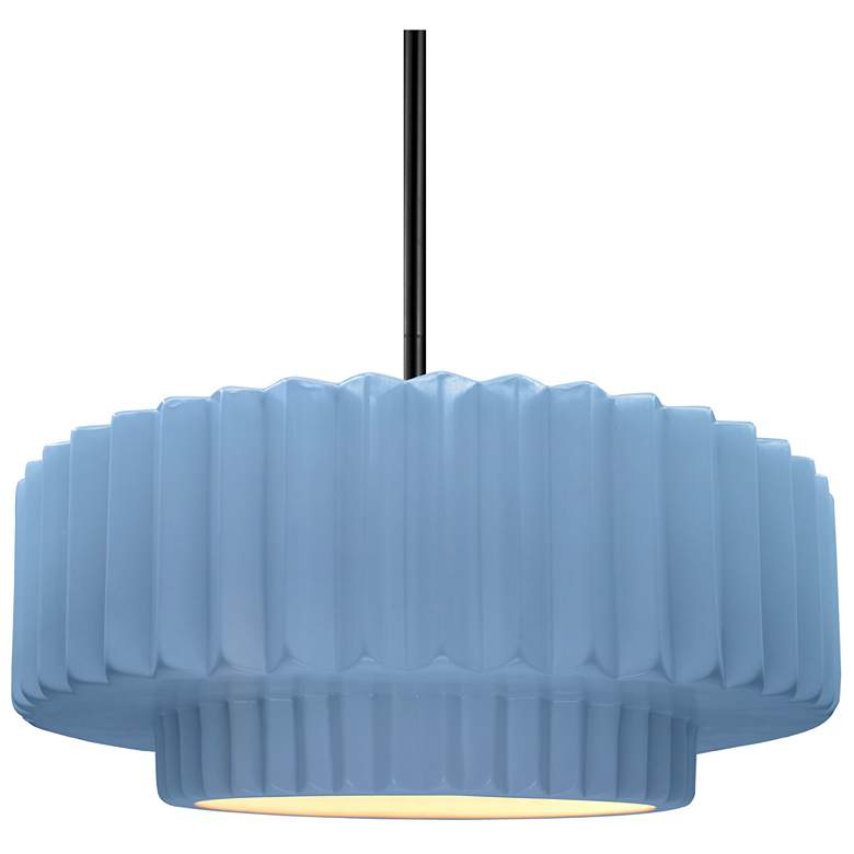 Image 1 14.5"W Sky Blue Frame Matte Black Tier Pleated Rigid Stem Kit Pendant