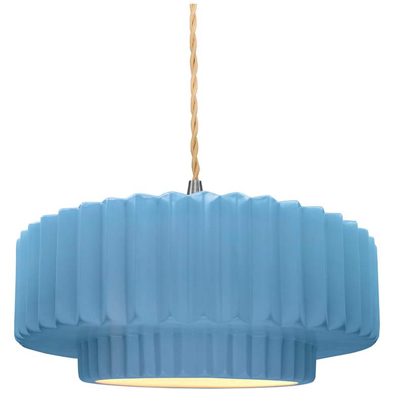 Image 1 14.5"W Sky Blue Frame Nickel Tier Pleated Beige Twisted LED Pendant