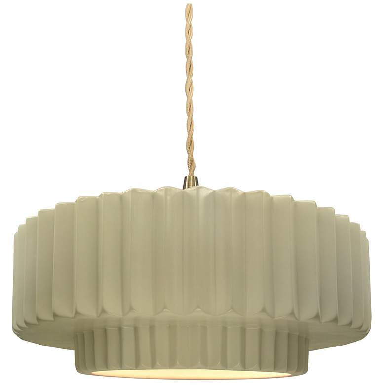 Image 1 14.5"W Vanilla Gloss Frame Brushed Brass Tier Pleated Twisted LED Pend
