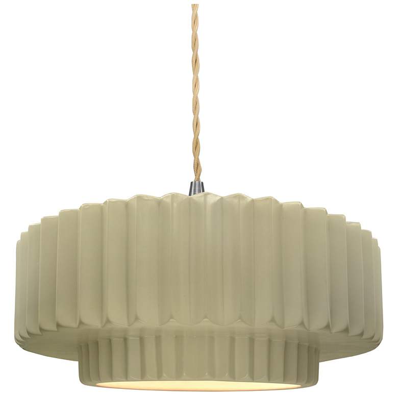 Image 1 14.5"W Vanilla Gloss Frame Nickel Tier Pleated Beige Twisted Pendant