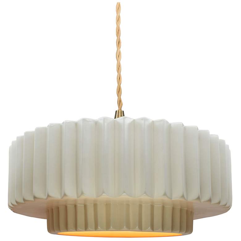 Image 1 14.5"W White/Gold Frame Brushed Brass Tier Pleated Twisted LED Pendant