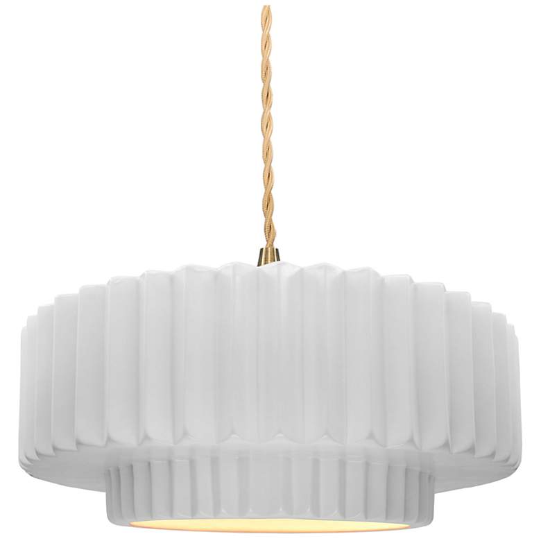 Image 1 14.5"W White Sided Frame Brushed Brass Tier Pleated Twisted LED Pendan