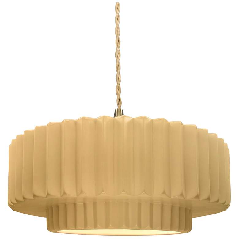 Image 1 14.5"W Yellow Frame Brushed Brass Tier Pleated Beige Twisted Pendant