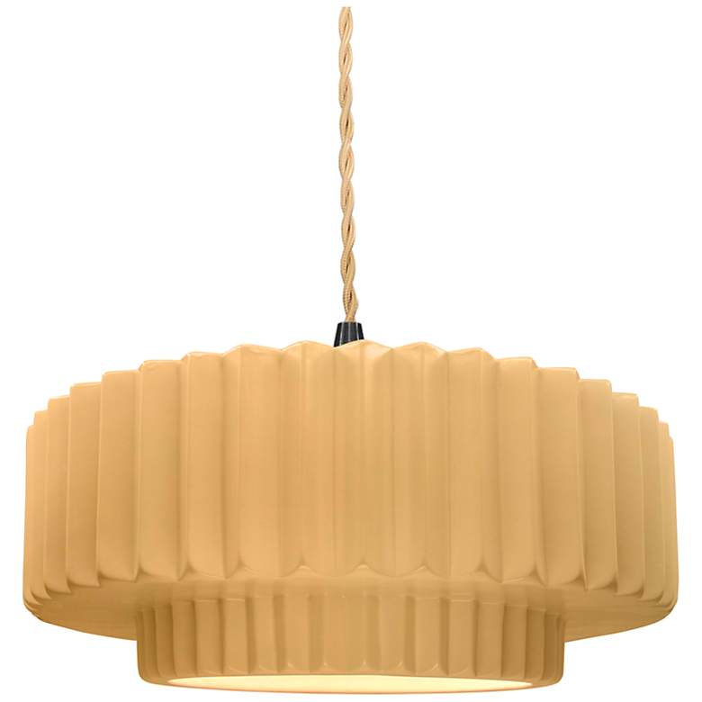 Image 1 14.5"W Yellow Frame Matte Black Tier Pleated Beige Twisted LED Pendant