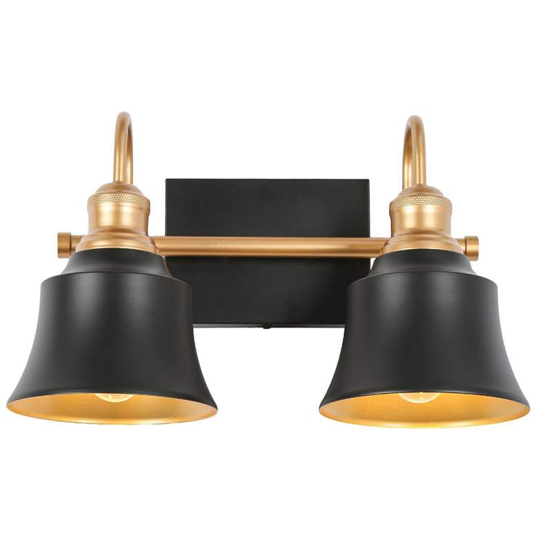 Image 1 14.6" Wide Black and Gold 2-Light Vanity Light with Metal Shades