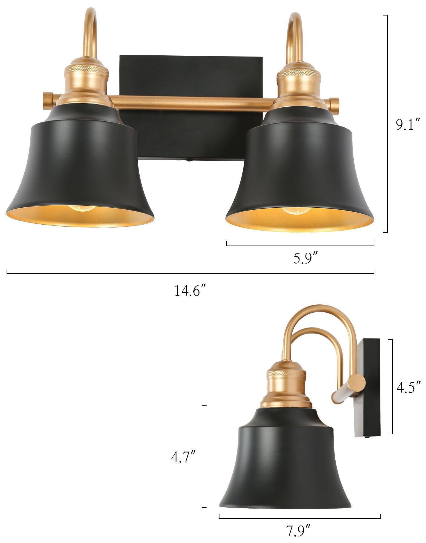 Image 4 14.6" Wide Black and Gold 2-Light Vanity Light with Metal Shades more views