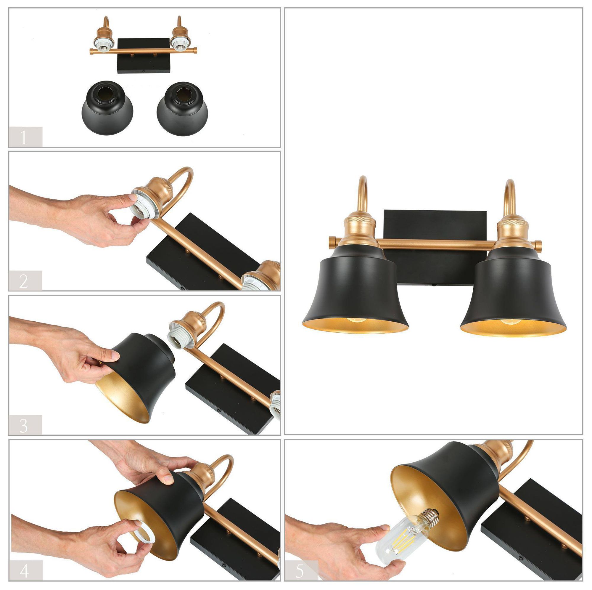 Image 6 14.6" Wide Black and Gold 2-Light Vanity Light with Metal Shades more views