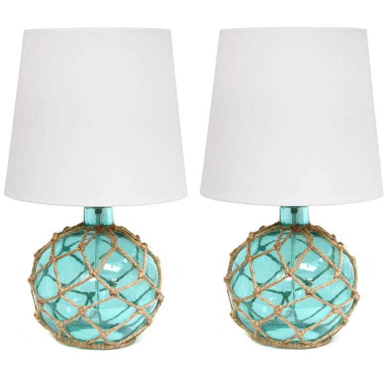 Image 1 14.75" Buoy Rope 2-Pack Netted Coastal Ocean Sea Glass Table Lamp, Aqu