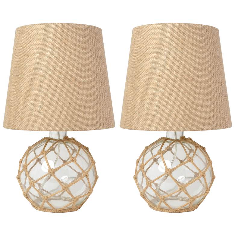 Image 1 14.75" Rope 2-Pack Sea Glass Table Lamp with Burlap Fabric Shade, Clea