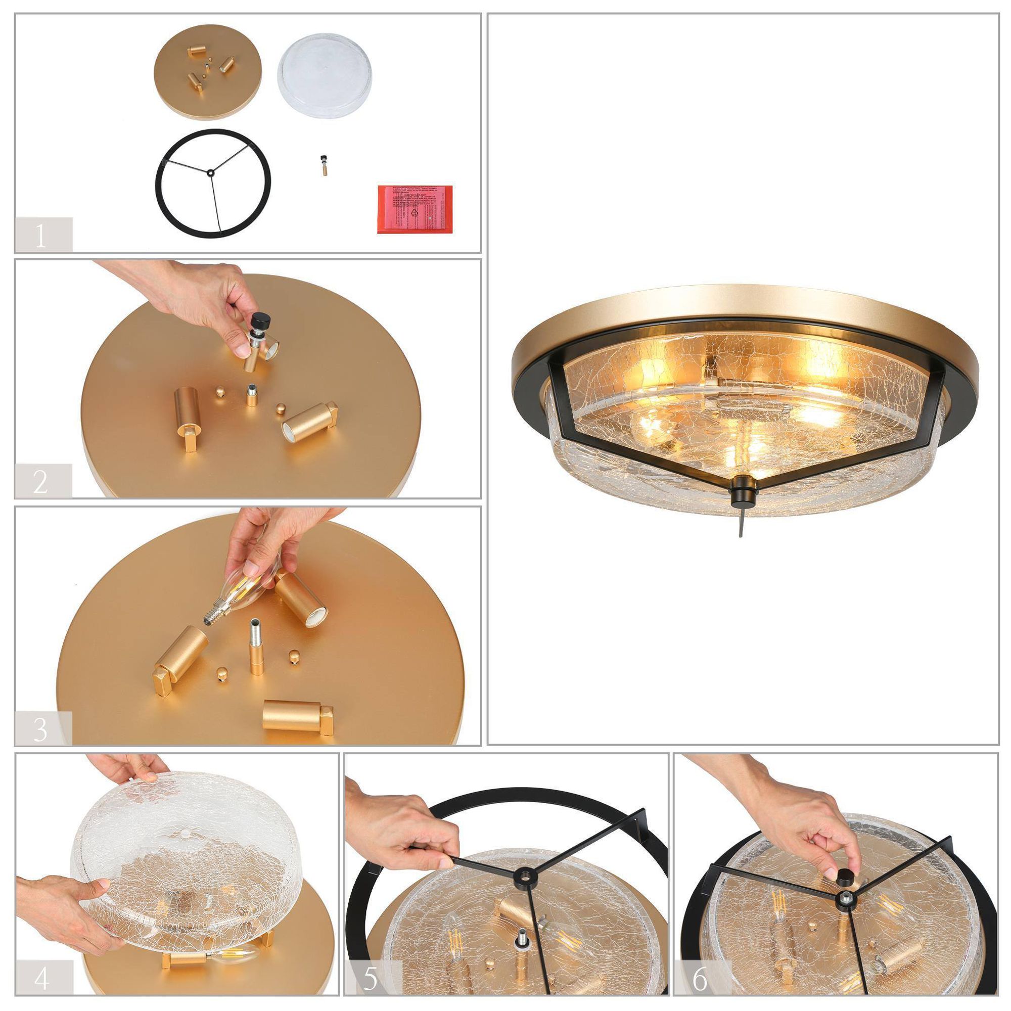 Image 6 14.9" Wide 3-Light Black Brass Drum Crackle Glass Ceiling Light more views