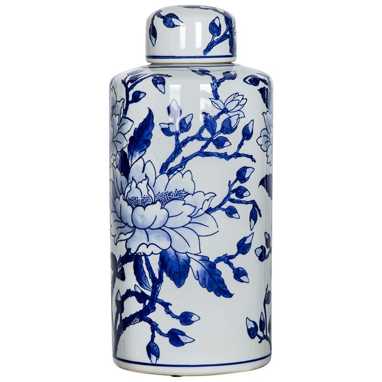 Image 1 14 inch High Blue and White Magnolia Pattern Lidded Jar