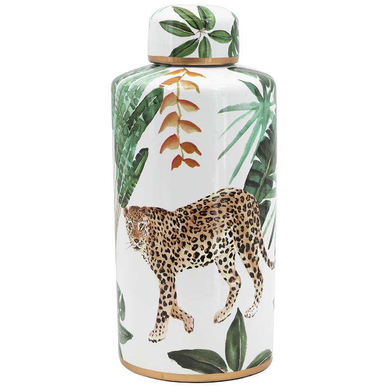 Image 1 14 inch High White and Green Safari Leaf Lidded Jar