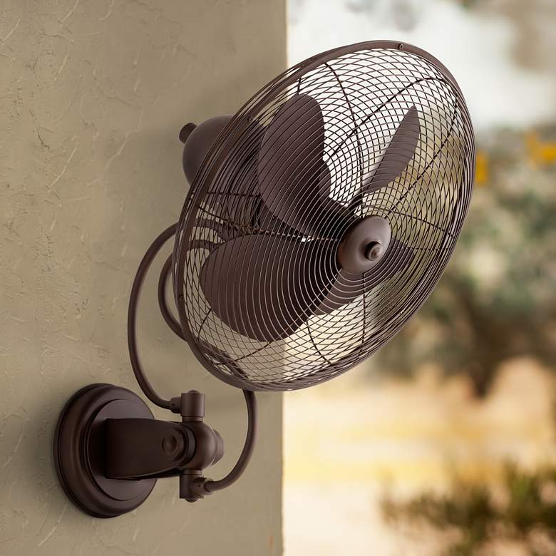 Image 1 14" Quorum Piazza Oiled Bronze Damp Rated Oscillating Wall Fan