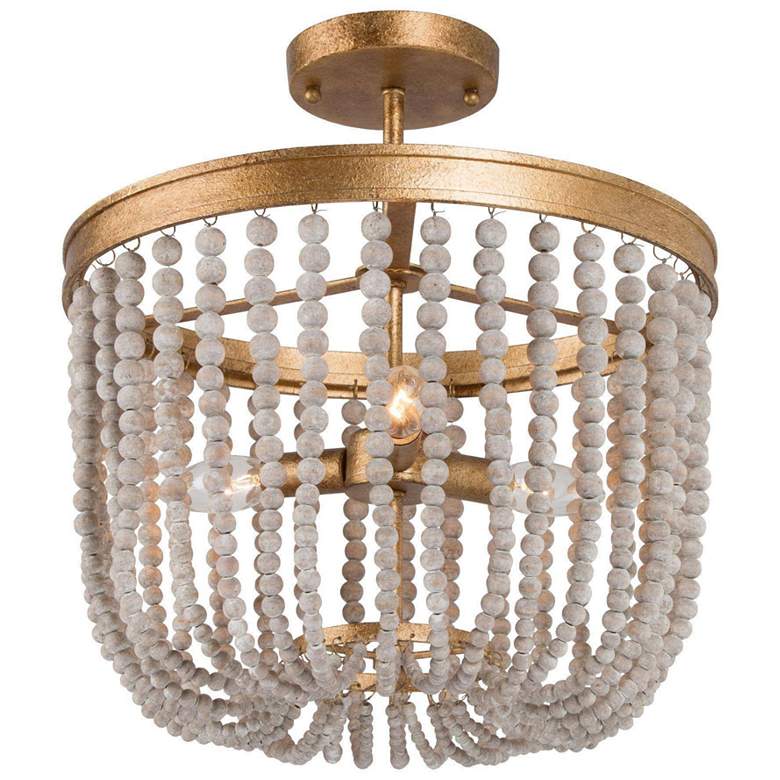 Image 1 14" Wide 4-Light Brass Wood Beaded Drum Ceiling Light