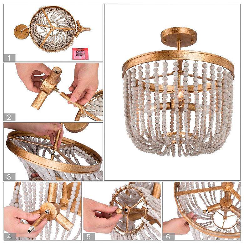Image 7 14" Wide 4-Light Brass Wood Beaded Drum Ceiling Light more views